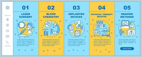 Biomedical engineering onboarding mobile web pages vector template. Laser surgery. Responsive smartphone website interface idea, linear illustrations. Webpage walkthrough step screens. Color concept