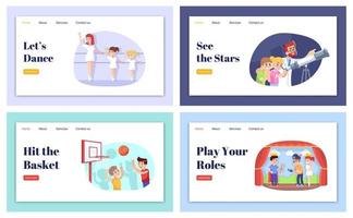 Extracurricular activities landing page vector template set. Interest classes for kids website interface idea with flat illustrations. Afterschool homepage layout. Web banner, webpage cartoon concept