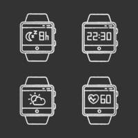 Fitness tracker functions chalk icons set. Wristband smartwatch wellness services.Tracking heart rate, sleep monitoring, clock, weather forecast. Isolated vector chalkboard illustrations