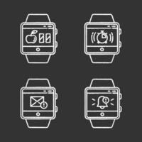 Fitness tracker functions chalk icons set. Wristband smartwatch capabilities and wellness services. Calories counter, stopwatch, notifications, messages. Isolated vector chalkboard illustrations