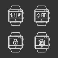 Fitness tracker functions chalk icons set. Wristband smartwatch capabilities and wellness services. Pulse and heartbeat, water balance, lock, unlock. Isolated vector chalkboard illustrations