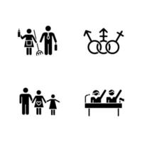 Gender equality glyph icons set. Politic rights. Transgender people, LGBTQ community. Female, male, trans sign. Gender stereotypes. Family planning. Silhouette symbols. Vector isolated illustration