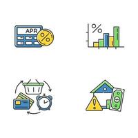 conjunto de iconos de colores de crédito. calculadora de tasa de porcentaje anual. aumento de ingresos, crecimiento presupuestario infografhoc. comercio, venta al por menor. crédito rotativo. riesgo de hipoteca de la vivienda. ilustraciones vectoriales aisladas vector