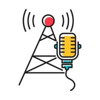 Broadcasting industry color icon. Telecommunications and network. Soundwave signal. Telecom tower and microphone. News, radio. Information streaming equipment. Isolated vector illustration