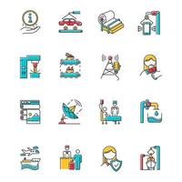 Industry types color icons set. News and media. Information broadcasting, Shipbuilding. Pulp and paper production. Publishing. Healthcare services. Hospitality industry. Isolated vector illustrations