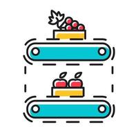 Fruit production color icon. Apples and grape in crates on conveyor belt. Organic food supply. Storage, stock, terminal. Professional automated factory equipment. Isolated vector illustration