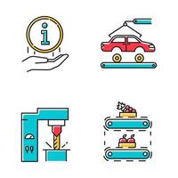 Industry types color icons set. Automotive engineering. Information sign. Steel industry. Fruit production. Car, automobile repair. Vehicle factory. Food supply. Isolated vector illustrations