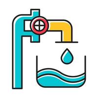 Water industry color icon. Blue clear liquid in container. Pipes and valves. Water engineering. Beverage production services. Professional technical equipment supply. Isolated vector illustration