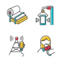 Conjunto de iconos de colores de tipos de industria. producción de pulpa y papel. instalación de electrónica. torre de radiodifusión. noticias y medios. tecnologías de la información. persona con micrófono. ilustraciones vectoriales aisladas vector