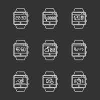 Fitness tracker functions chalk icons set. Wristband smartwatch capabilities and wellness services. Running health applications, tracking steps, heart rate. Isolated vector chalkboard illustrations