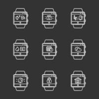 Fitness tracker functions chalk icons set. Wristband smartwatch capabilities. Scheduling events, sleep timer, weather forecast, notifications. Isolated vector chalkboard illustrations