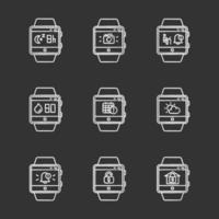 Conjunto de iconos de tiza de funciones de rastreador de fitness. capacidades de reloj inteligente de pulsera. programación de eventos, temporizador de apagado, pronóstico del tiempo, notificaciones. ilustraciones de pizarra vector aislado