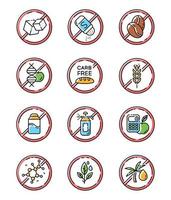 Product free ingredient color icons set. No paraben, pesticide, lactose. Organic food, healthy eating. Non-chemical herbs. Dietary without allergens and sweeteners. Isolated vector illustrations