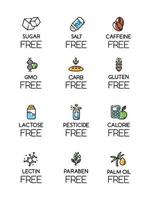 Product free ingredient color icons set. No lectine, paraben, gmo, gluten. Organic food, healthy eating. Low calories meals. Dietary without allergens and sweeteners. Isolated vector illustrations