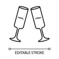 Two clinking champagne glasses linear icon. Glassfuls of alcohol drink. Wine service. Celebration. Cheers. Thin line illustration. Contour symbol. Vector isolated outline drawing. Editable stroke