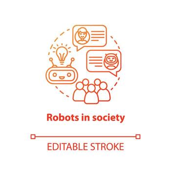 Robots in society red concept icon. Communication with artificial intelligence idea thin line illustration. Interaction with futuristic technologies. Vector isolated outline drawing. Editable stroke