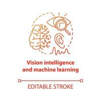 Vision intelligence and machine learning red concept icon. Smart computer system idea thin line illustration. Robotics knowledge. Thinking, analysing. Vector isolated outline drawing. Editable stroke