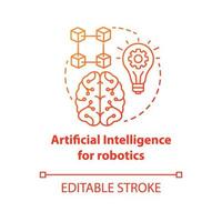Artificial intelligence for robotics red concept icon. Smart computer system idea thin line illustration. Machine knowledge. Thinking and analysing. Vector isolated outline drawing. Editable stroke