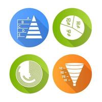 conjunto de iconos de glifo de larga sombra de diseño plano gráfico y gráfico. diagrama circular. pirámide. reloj polar. infografía de embudo. conversión de marketing. modelo de negocio, informe económico. ilustración de silueta de vector