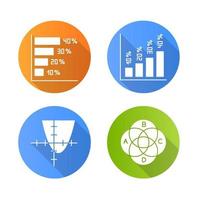 conjunto de iconos de glifo de larga sombra de diseño plano gráfico y gráfico. histograma horizontal y vertical con tipos de interés. curva de función. diagrama de Venn. trigonometría. negocio. ilustración de silueta de vector