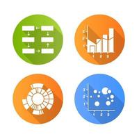 Chart and graph flat design long shadow glyph icons set. Data connection, wiring. Progress stages. Mixed chart. Sunburst radial diagram. Scatter bubble chart. Business. Vector silhouette illustration