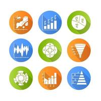 conjunto de iconos de glifo de larga sombra de diseño plano gráfico y gráfico. mapa de temperatura. histograma vertical. diagrama circular. gráfico de embudo. diagrama de Venn. resplandor solar. gráfico mixto. pirámide. ilustración de silueta de vector