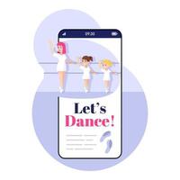 Lets dance smartphone app screen. Mobile phone display with cartoon characters design mockup. Classical ballet. Choreography application for kids telephone interface vector