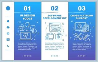 Software development onboarding mobile web pages vector template. Responsive smartphone website interface idea with linear illustrations. Webpage walkthrough step screens. Color concept