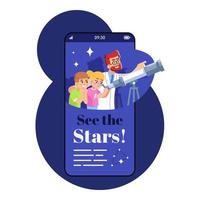 veamos la pantalla de la aplicación sartphone de estrellas. Pantalla de teléfono móvil con maqueta de diseño de personajes de dibujos animados. estudios astronómicos para niños. aprendizaje de la interfaz telefónica de la aplicación de ciencia espacial vector