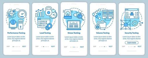 Non-functional software testing blue onboarding mobile app page screen vector template. Program analysis. Walkthrough website steps with linear illustrations. UX, UI, GUI smartphone interface concept