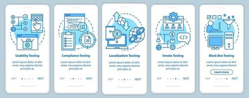 Non-functional software testing blue onboarding mobile app page screen vector template. Usability analysis. Walkthrough website steps with linear illustration. UX, UI, GUI smartphone interface concept