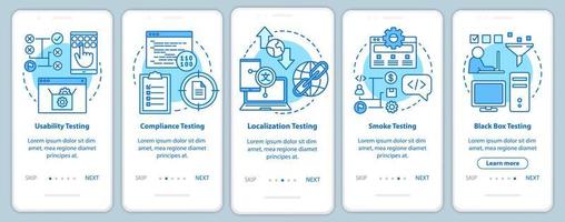 Prueba de software no funcional Plantilla de vector de pantalla de página de aplicación móvil de incorporación azul. análisis de usabilidad. paso a paso del sitio web con ilustración lineal. concepto de interfaz de teléfono inteligente ux, ui, gui