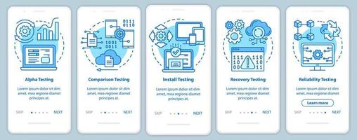 Software performance testing blue onboarding mobile app page screen vector template. Quality control. Walkthrough website steps with linear illustrations. UX, UI, GUI smartphone interface concept