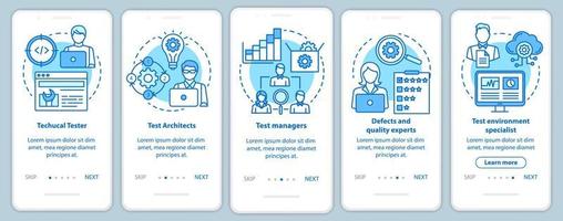 Software testing roles blue onboarding mobile app page screen vector template. Qulity control experts. Walkthrough website steps with linear illustrations. UX, UI, GUI smartphone interface concept