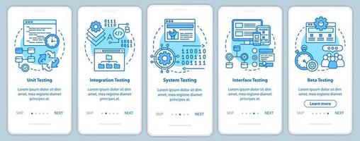 Functional software testing blue onboarding mobile app page screen vector template. Usability analysis. Walkthrough website steps with linear illustrations. UX, UI, GUI smartphone interface concept