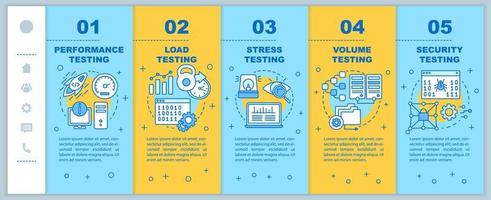 Program performance testing onboarding mobile web pages vector template. Responsive smartphone website interface idea with linear illustrations. Webpage walkthrough step screens. Color concept