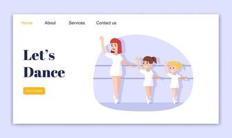 Lets dance landing page vector template. Choreography for kids website interface idea with flat illustrations. Ballet school homepage layout. Dancing classes web banner, webpage cartoon concept