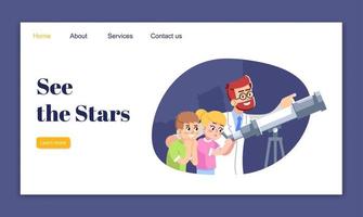 vea la plantilla de vector de página de destino de estrellas. clases astronómicas para la idea de la interfaz del sitio web para niños con ilustraciones planas. diseño de la página de inicio de divulgación científica. banner web, concepto de dibujos animados de página web