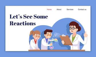 Lets see some reactions landing page vector template. Chemical club for children website interface idea with flat illustrations. Interest classes homepage layout. Web banner, webpage cartoon concept