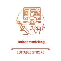 Robot modeling red concept icon. Creating computers idea thin line illustration. Making design of electronics, devices. Developing robotics. Vector isolated outline drawing. Editable stroke