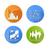 Chart and graph flat design long shadow glyph icons set. Temperature map. Point and figure chart. Mixed graph with histogram and linear elements. Vibration curve. Vector silhouette illustration