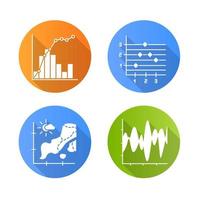 Chart and graph flat design long shadow glyph icons set. Temperature map. Point and figure chart. Mixed graph with histogram and linear elements. Vibration curve. Vector silhouette illustration