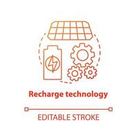 Recharge technology red concept icon. Sun batteries idea thin line illustration. Modern accumulators, power units. Innovative energy source. Vector isolated outline drawing. Editable stroke