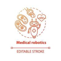 Medical robotics red concept icon. Health care computer machines idea thin line illustration. Types of robots. Innovative hospital system. Vector isolated outline drawing. Editable stroke