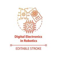 Digital electronics in robotics red concept icon. Computer chip and microscheme idea thin line illustration. Processor, hardware element. Vector isolated outline drawing. Editable stroke