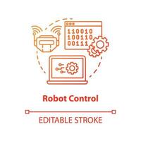 icono del concepto de control de robot. Ilustración de línea fina de idea de sistema de robótica. software y código binario. tecnología de la información y programación. dibujo de contorno aislado vectorial. trazo editable vector