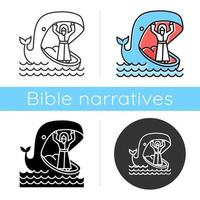 Jonah and whale icon. Old Testament story. Jonahs miraculous return from jaws of huge fish. Bible narrative. Flat design, linear and color styles. Isolated vector illustrations