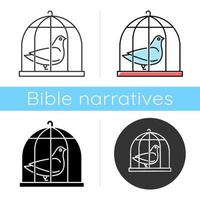 Pigeon in cage icon. Captive bird. Harbinger of peace. Nightingale in captivity. Bible narrative. Christian symbol of purity. Flat design, linear and color styles. Isolated vector illustrations