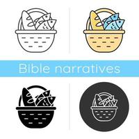 Bread and fish in basket icon. Feeding the multitude. Holy week. Miracle of Christ. Blessing food from Bible. New Testament. Flat design, linear and color styles. Isolated vector illustrations