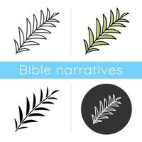 Palm branch icon. Tropical tree leafs. Symbol of victory and peace. Happy Easter sign. Spring religious holiday. Bible narrative. Flat design, linear and color styles. Isolated vector illustrations